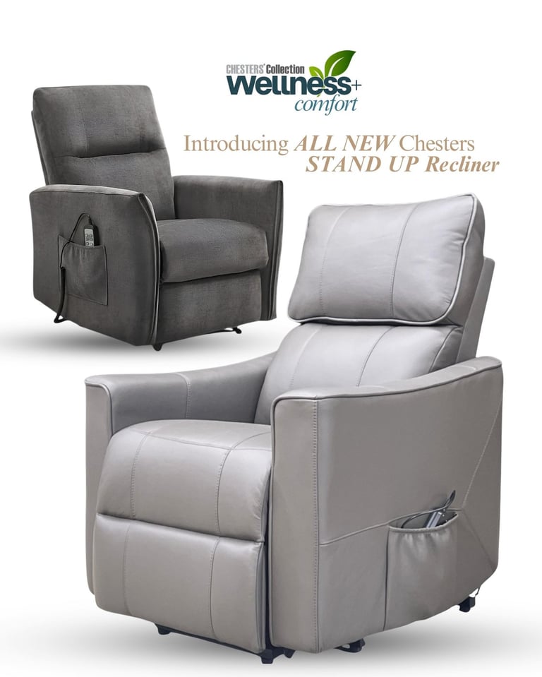 Wellness Collection recliners featuring a dark gray chair with storage pocket and light gray stand-up recliner chair